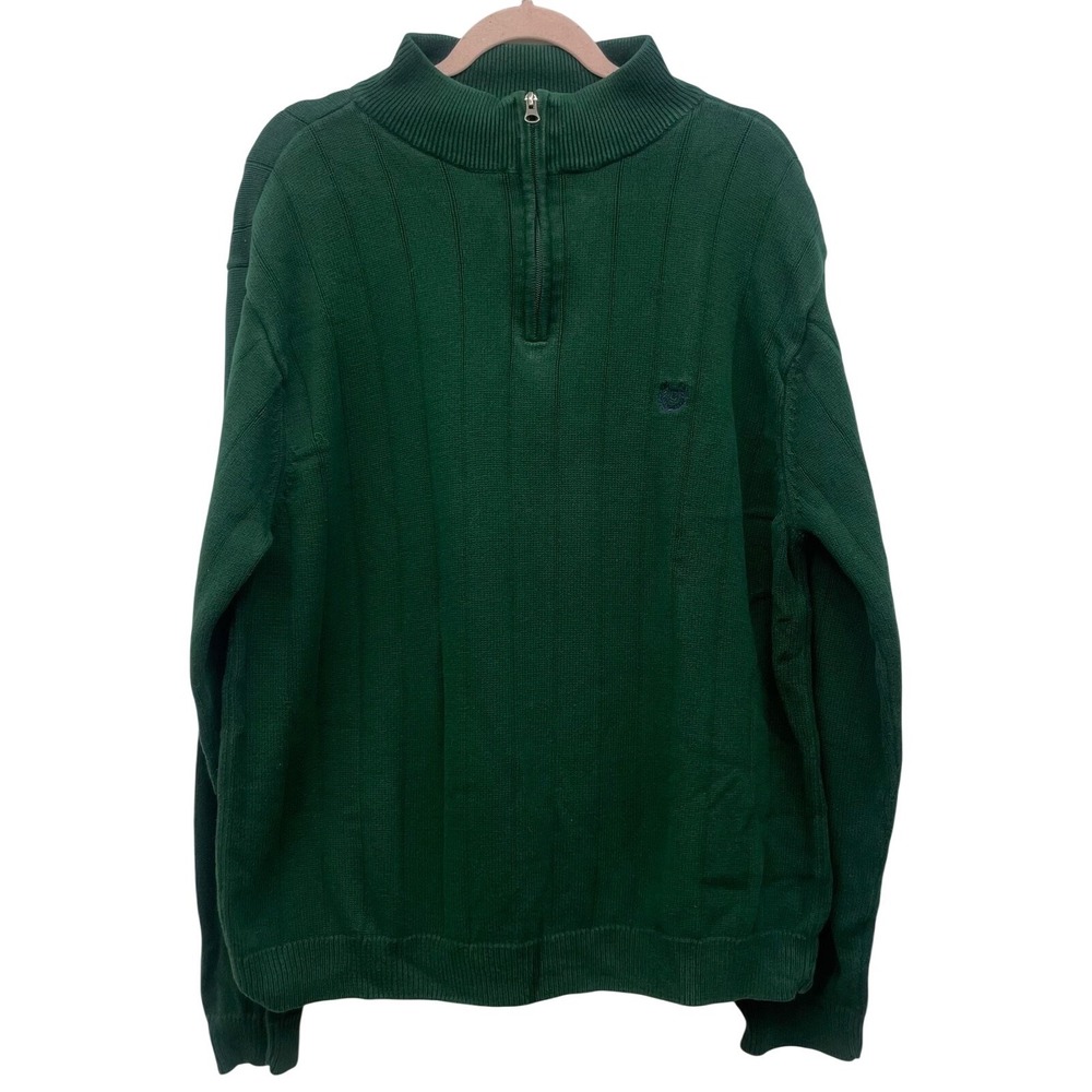 Chaps Mens XL Quarter Zip Sweater Forest Green Cotton Ribbed Knit Crest Pullover